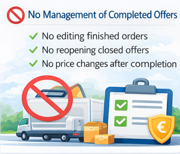 Illustrazione che mostra che gli autisti non possono modificare o riaprire offerte di trasporto completate sulla piattaforma ExusTrans